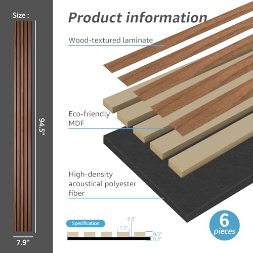Image of Art3d 6-Pack Soundproof Wood Slat Wall Panels, 94.5 x 7.9 Inch, Walnut