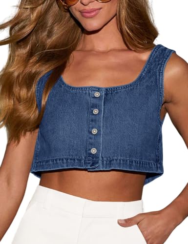 Orchidays Womens Reversible Tank Top Sleeveless Crop Tee Button Denim Blouse