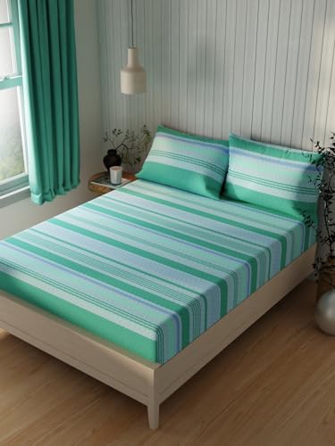 Image of KOPA Extra Smooth Cotton Double Bedsheet with 2 Pillow Covers -3pc Set (Lopez) | Extra Smooth Cotton | 1 Double Bedsheet with 2 King Size Pillow Covers Stripe-Green /Teal
