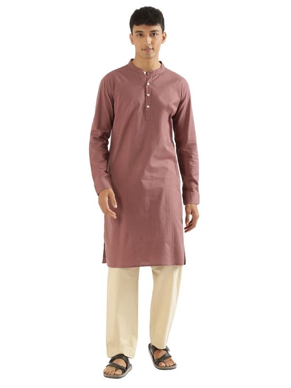Image of SAADAA Men's Long Kurta - Linen Cotton Blend, Airy Fabric, Regular Fit, Mandarin Collar, Solid Color - Casual, Festive & Ethnic Wear