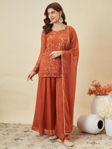 Image of MOKOSH Women's Georgette Short Kurti Palazzo with Dupatta | Short Kurti Set |Ethnic Kurta Set for Women | Sweetheart Neck Full Sleeve | Indian Kurta Outfit With Palazzo Pants
