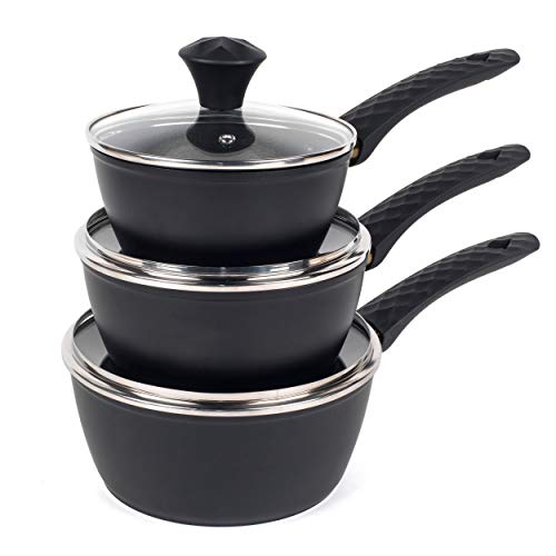 Salter BW07522 Diamond Edition Non-Stick, Forged Aluminium Saucepan Set with Glass Lids, 16/18/20 cm, Set of 3, Black/Gold, 16 x 43.5 x 28 cm Second Image
