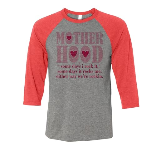 TeesAndTankYou Rockin' Motherhood Three-Quarter Raglan Sleeve Baseball Shirt Unisex Small Grey/Red