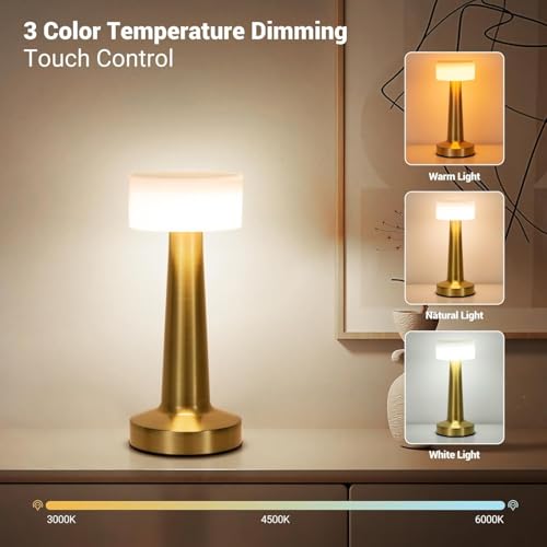 Image of Golden White Round Table Lamp 3 Color Modes Warm Cool Natural Light, Adjustable Brightness, 1200mAh Rechargeable Battery,Portable Light for Bedroom Bedside Desk Home Decor Use with Touch Sensor
