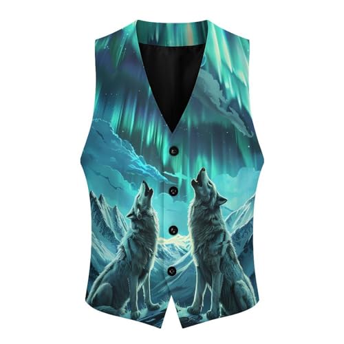 Wolves Howling Northern Lights Novelty Men's Suit Vest Casual Formal Dress Vests Business Waistcoat3