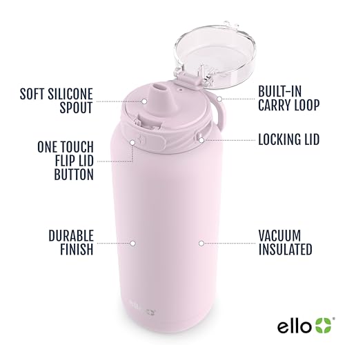 Ello Cooper 22oz Stainless Steel Water Bottle with Straw and Carry Handle, Double Walled and Vacuum Insulated Metal, Leak Proof Locking Lid with Soft Silicone Spout, Reusable, BPA Free, Cashmere Pink by Ello - Image 3