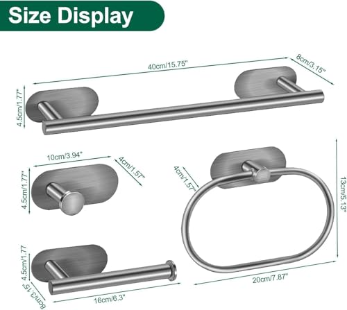 مجموعة إكسسوارات حمام 4 قطع – حامل مناشف، حلقة منشفة، خطاف رداء، حامل ورق تواليت – لاصقة بدون حفر، تصميم عصري من الفولاذ المقاوم للصدأ SUS304، متينة وعملية (فضي)