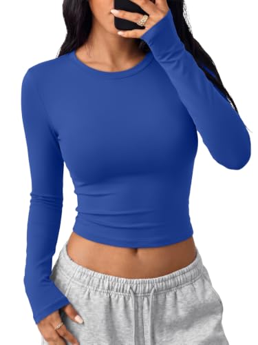 Trendy Queen Womens Long Sleeve Crop Tops Y2K Basic Shirts RoyalBlue S