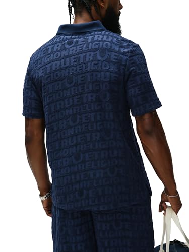 Polo True Religion para hombre de manga corta con logo de punto Terry, rayas universitarias y cuello con muesca en V miniatura 3
