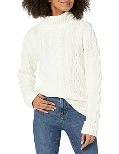 Image of Cable Stitch Women's Cotton Blend Cable Knit Turtleneck Pullover Sweater - Fisherman Long Sleeve Chunky Textured Top