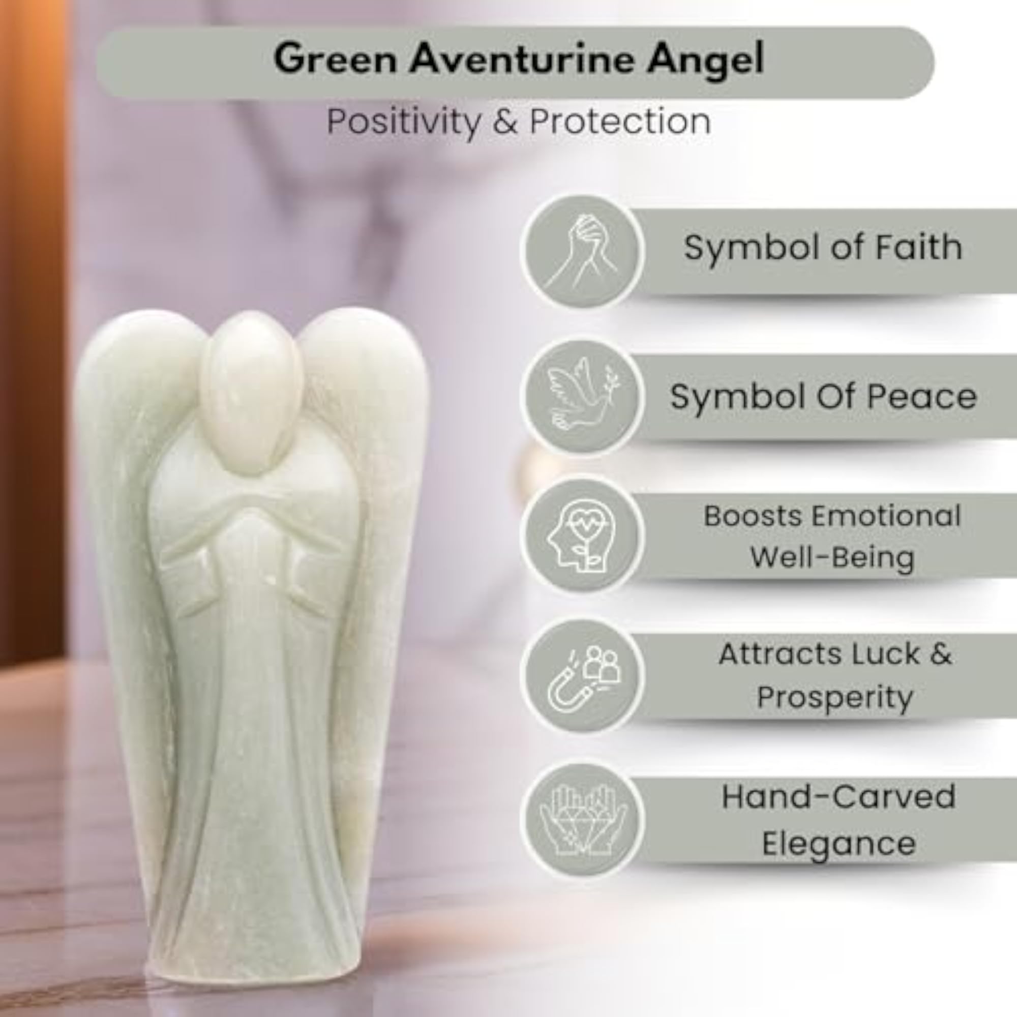 Natural Aventurine Angel Handcarved Statue, Good Luck Decor