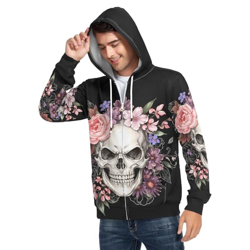 Image of ALAZA Men's Hoodie,Sugar Skull Floral The Day Of The Dead Zip-Front Sweatshirt