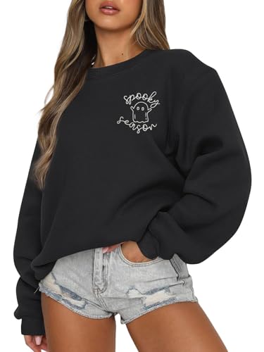 Fiscrat Halloween Spooky Season Oversized Sweatshirt Women Cute Ghost Sweatshirts Fall Embroidered Sweater Pullover Top