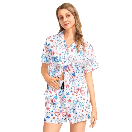 Image of Funny Pajamas for Women Set Print Satin Loungewear Pjs Short Sleeve Button Down Top and Shorts Sets Sleepwear XS-3XL