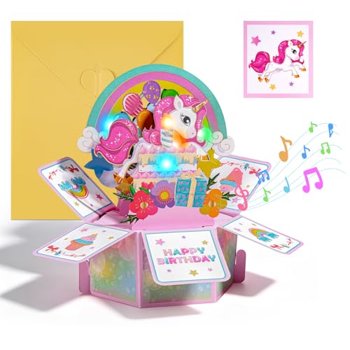 Tarjeta de Cumpleaños 3D Pop Up con Música y Luces Mágica Tarjeta de Felicitación de Unicornio con Vela LED para Soplar Incluye Sobre y Etiqueta de Nota Opción Ideal para Mujeres, Niñas,Niños y Amigos