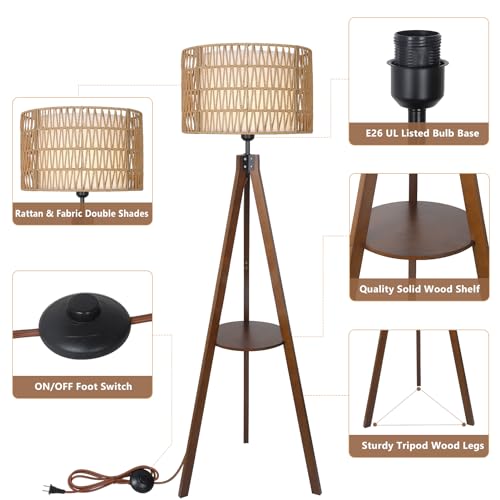 Image of LAMSU Boho Tripod Floor Lamp with Shelves, Mid Century Wood Standing Lamp with Rattan & Fabric Shades, ON /Off Foot Switch, Modern Farmhouse Tall Floor Lamps for Living Room Bedroom Office