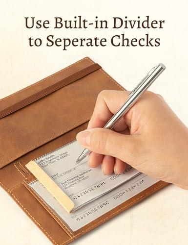 Image of Yarnic Checkbook Cover for Personal Checkbook Holder Light Brown | Check Book Covers with Pen Holder & Built-in Clear Plastic Divider for Duplicate Checks