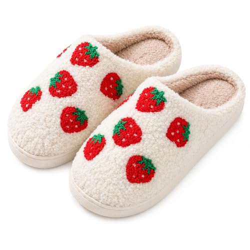 V OPXIN Strawberry Slippers - Cute Cozy Plush Fuzzy Cushion Fluffy Slip-On House Slippers for Women & Men - Indoor & Outdoor
