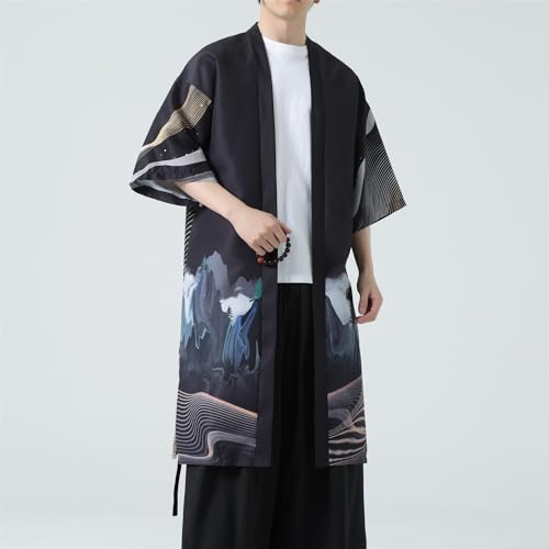 Image of Seidarise Men's Haori, Long Kimono Cardigan Jacket Japanese Style Flying Crane Seven Sleeves Open Front Coat