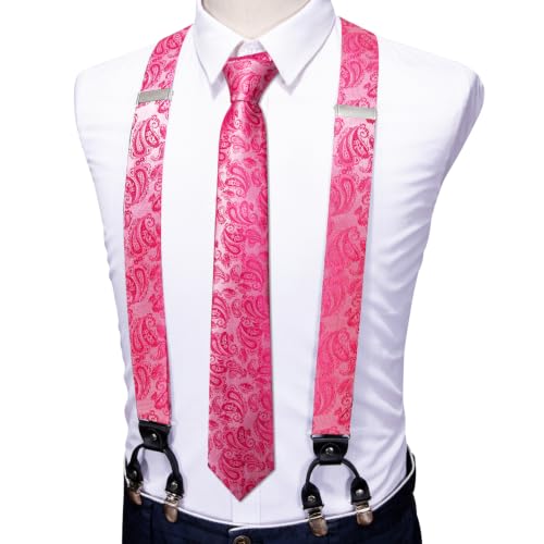Image of Barry.Wang Men Suspender Set with Necktie Elastic Y Type Heavy Duty 6 Clips Braces Tie Handkerchief Cufflink Pin 6PCS