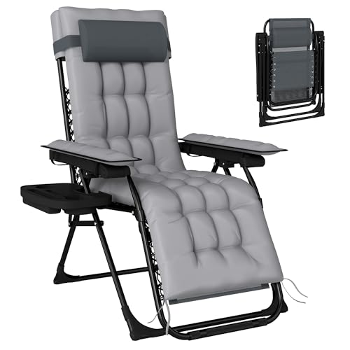 Image of Outsunny Zero Gravity Chair, Folding Adjustable Sun Lounger Garden Recliner with Arm Pads, Cushion, Cup Holder and Headrest, Reclining Garden Chair for Patio, Beach, Terrace, Camping, Light Grey