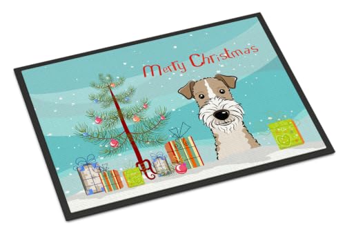 Caroline's Treasures BB1619JMAT Christmas Tree and Wire Haired Fox Terrier Doormat 24x36 Front Door Mat Indoor Outdoor Rugs for Entryway, Non Slip Washable Low Pile, 24H X 36W