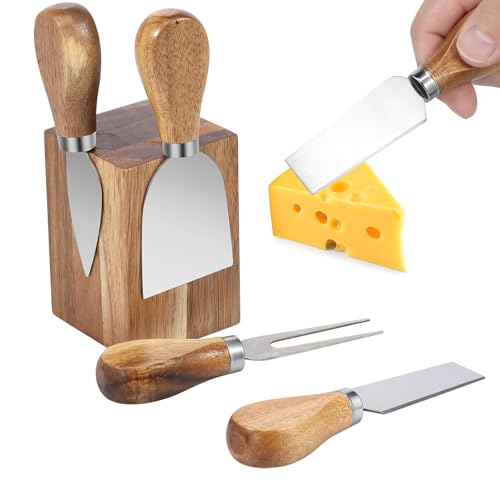 Cozioz Cheese Knife Set – 4-Piece Stainless Steel Charcuterie Utensils with Magnetic Acacia Wood Holder, Perfect for Cheese Cutting