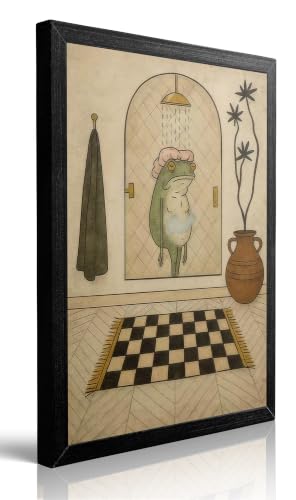 EVFYPS Framed Funny Frog Bathroom Wall Art, Cute Frog Bath Wall Art, Bathroom Animal Canvas Print Painting for Home Dorm Apartment Toilet Decor 16X24 In