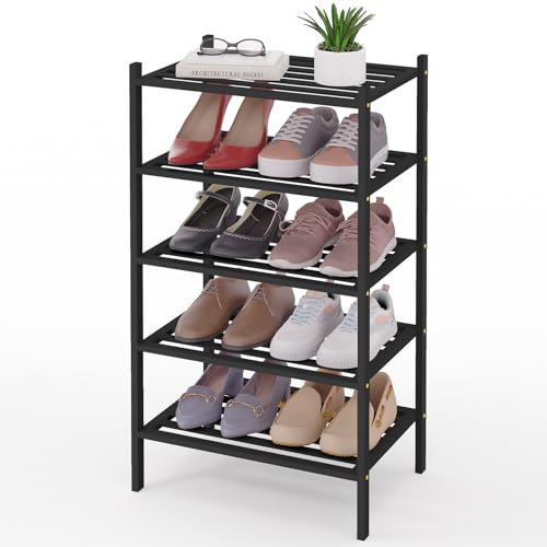 Image of Smiry Bamboo Shoe Rack, 5 Horizontal Slats, 5 Tier - 17.3 inch Wide, Black
