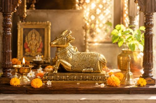 Image of Two Moustaches Brass Nandi Idol 5 Inch | Nandi Murti for Pooja Room & Home Temple | Shiva Vahana Statue | Housewarming & Diwali Gift | Pack of 1