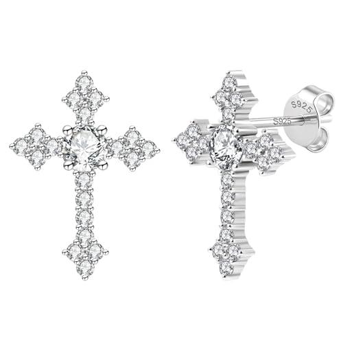 Delzzad Moissanite Cross Earrings for Men Women 925 Sterling Silver Cross Stud Earrings D Color VVSI Crucifix Jewelry (Silver 11.6 * 15.8mm(0.29ct*2))