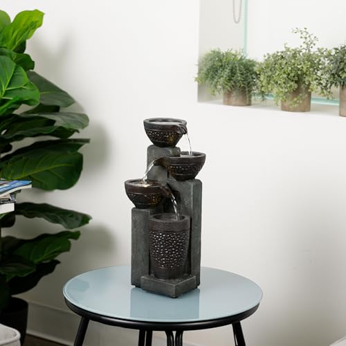 Alpine Corporatio 14" Tall Stoned Jar Cascading Water Fountain with LED Lights, Elegant Tabletop Water Feature for Home, Office, Living Room, and Bedroom Decor, Gray 2
