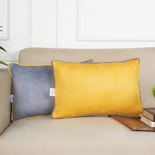 STITCHNEST Velvet Blue & Grey Cushion Covers Set of 2 | Solid Color Both-Side Design with Piping | Soft & Premium Finish | 12x18 Inches | Sofa & Living Room Décor