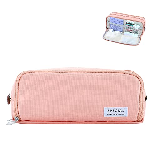 Federmäppchen mit 3 Fach Große Kapazität für Teenager Mädchen und Junge, Schulsachen Aesthetic Accessoires, Federtasche mit Reißverschluss, Tragbare Pencil Case, Etui für Schule und Büro - Rosa Cover