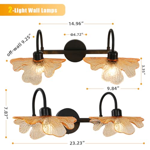 Image of 2 Light Bathroom Lighting Fixtures Amber Glass Shade, Easy Install | Wall Light, Sconce, Vanity Light, Glass Petals, Matte Black, Guest Bathroom, Vintage, 23.23 inch, E26 Base, Bedroom, Living Room