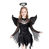 Koatobbor Girls Fallen Angle Costume Black Fancy Party Dress with Headband and Wings (Black, 10-12 Years)