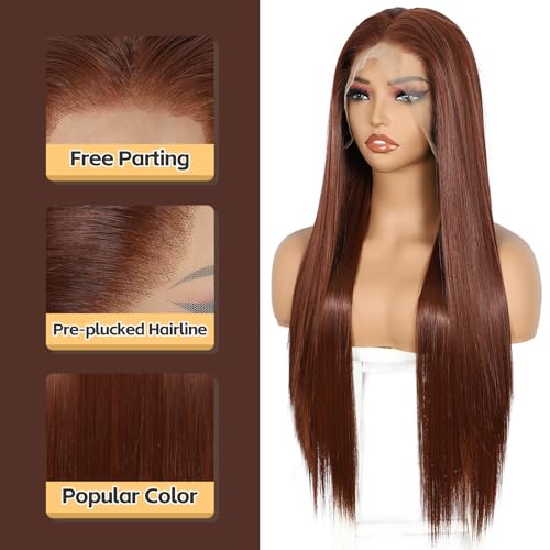 Sapphirewigs 13x6 Straight Lace Front Wigs Reddish Brown Long Straight Wig for Women Lace Front Synthetic Hair 150% Density Party Daily Wear Heat Resistant 26inch - Image 3