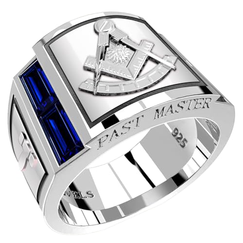US Jewels Men's 925 Sterling Silver Lab-Created Sapphire Past Master Freemason Masonic Ring, Sizes 8 thru 14