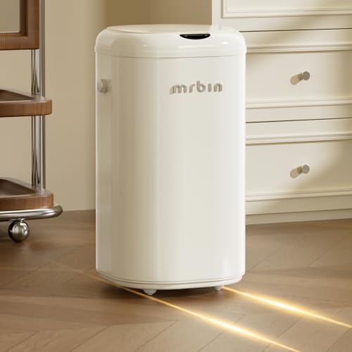 MRBIN Metal Motion Sensor Tall Kitchen Trash Can with Lid and Wheel, 8 Gallon Automatic Garbage Pail Touchless, Electric Covered Waste Basket for Bedroom, Rv, Office, Restroom, Cream White