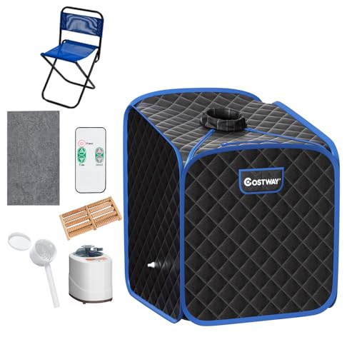 COSTWAY Sauna a Vapore Portatile con Telecomando, Cabina Sauna a Vapore Pieghevole con Sedia e 9 Livelli di Temperatura, Telaio in metallo (Nero)