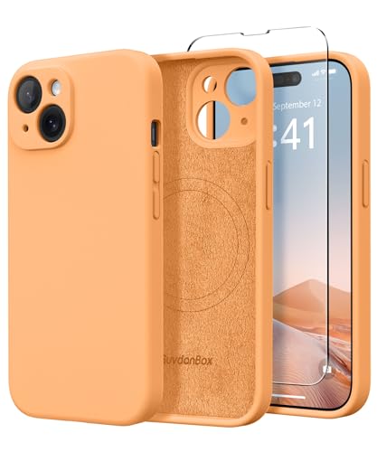 Image of Magnetic for iPhone 15 Case, Compatible with MagSafe, [Screen Protector + Full Camera Protection], Silicone Shockproof Anti-Scratch Protective Phone Case for iPhone 15 6.1 inch, Cantaloupe