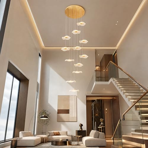 Image of ziidoo High Ceiling Chandelier - 12-Light Dimmable Modern Gold Long Spiral Luxury Linear Lotus Leaf Led Lamp Hanging Pendant Lights for Foyer Enterway Staircase Villas