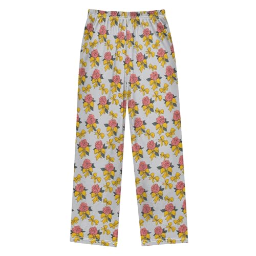 Pajama Pants Lounge Sleep PJ Bottoms Sleepwear Elastic Waist Drawstring S Roses Yellow Bows2