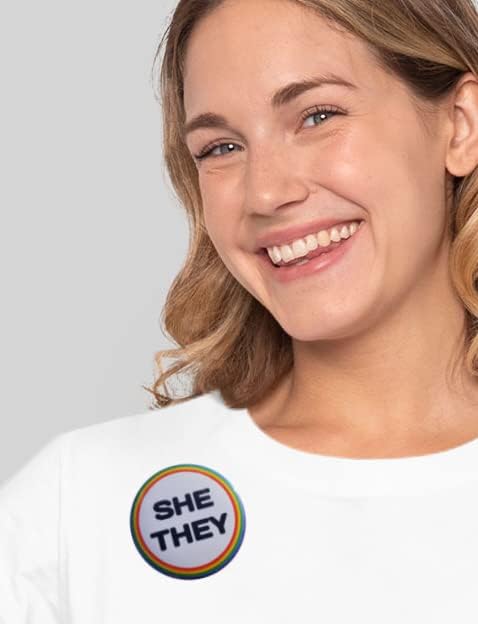 Miniatura 3 de SHE THEY pronoun pin - pinback button - high visibility, metric sizing (58mm, slightly larger than 2.25")