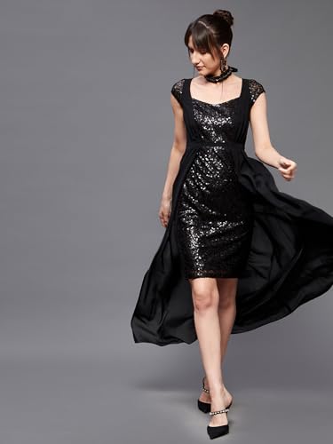 Image of Miss Chase Women's Round Neck Sleeve Embellished Fit Flare Maxi Dress