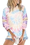 HVEPUO Women's Petite Fashion Hoodies & Sweatshirts Light Weight Colorful Polyester Hoodie Pastel Tie Dye Off Shoulder Comfy Sweatshirt Blue XL