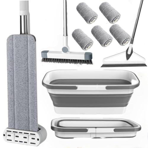 Large Flat Mop and Scalable Bucket with Wheels，360° Rotating Microfiber