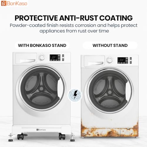 Image of BonKaso Adjustable Heavy Duty Appliance Stand with Wheels & Anti-Slip Pads | Steel Frame Trolley for Washing Machine, Refrigerator & Dishwasher | Load Capacity 200 Kg (50x43x12.5 cm) White