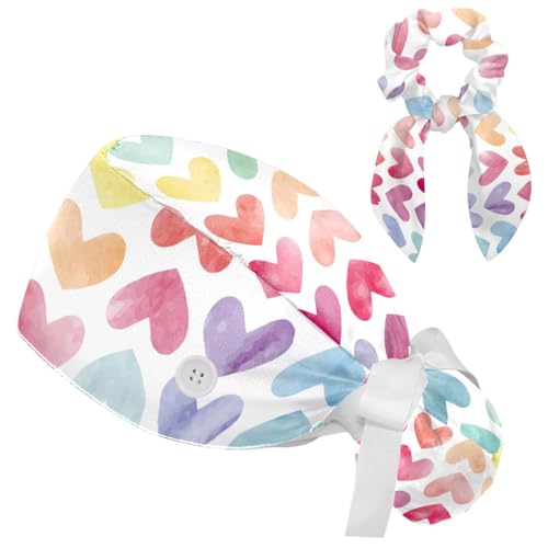 Image of Women's Working Caps Bouffant Surgical Cap with Bow Scrunchies Little Daisy Art Paint Ponytail Holder Tie Back Scrub Hat