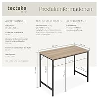 tectake® Schreibtisch, Computertisch, Bürotisch, PC Tisch, Möbel für Arbeitszimmer, Home Office, Büro, Kleiner Schreibtisch, Tischgestell mit Tischplatte - Industrial Holz hell, Eiche Sonoma, 80 cm – Ansicht 2